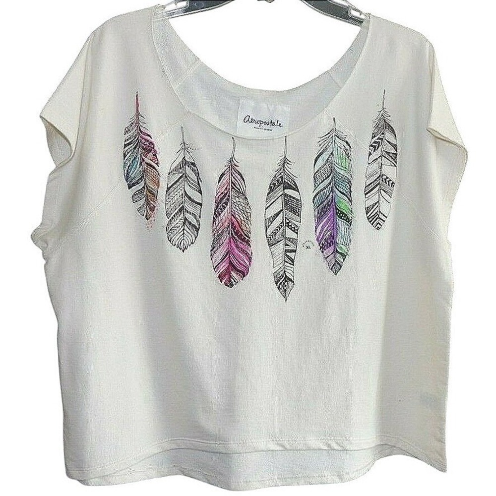Aeropostale Feather Graphic T-Shirt Women XL Cream White Boho Short Sleeve‎ Top